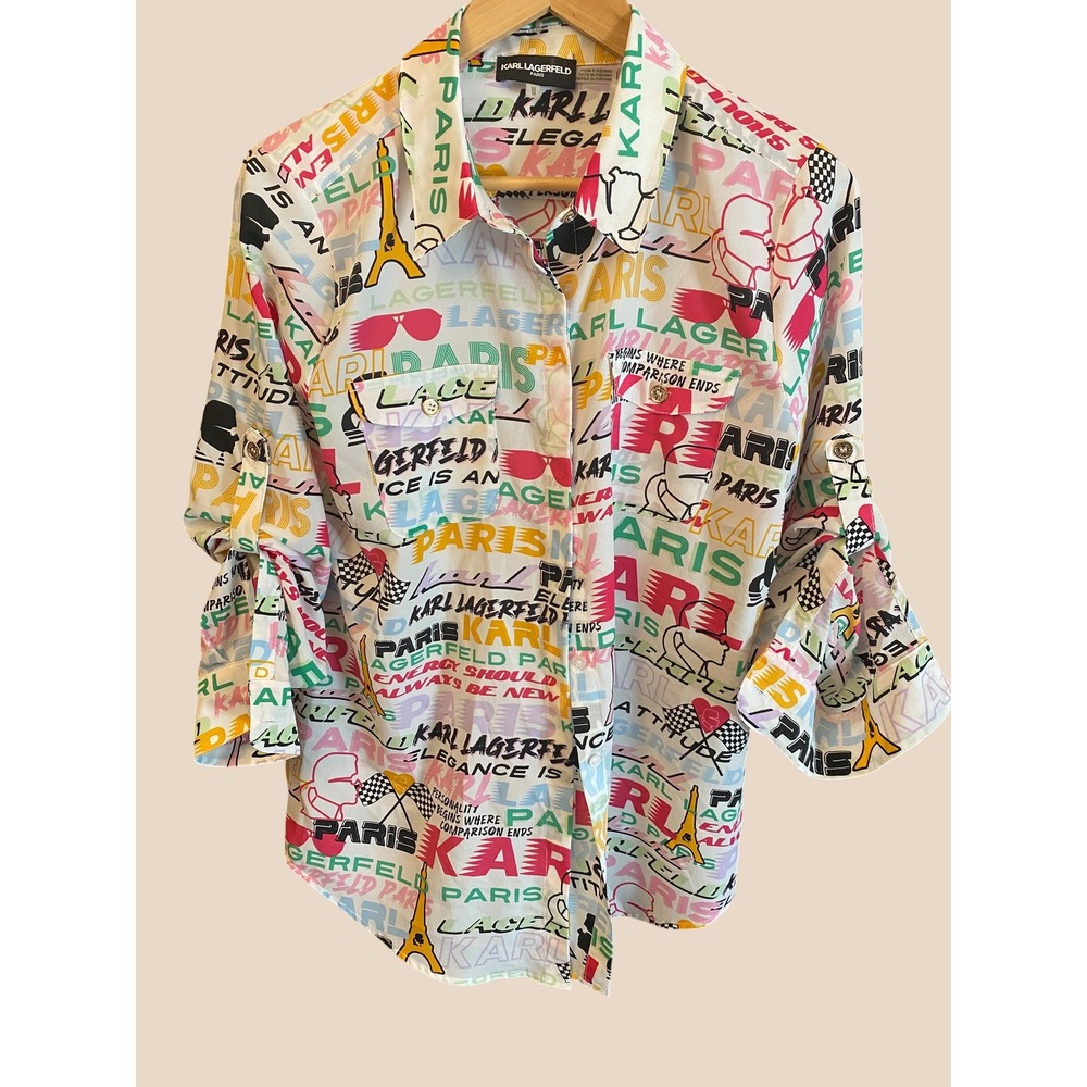 Karl Lagerfeld Paris Blouse White Graffiti Logo Print Women Medium NWOT